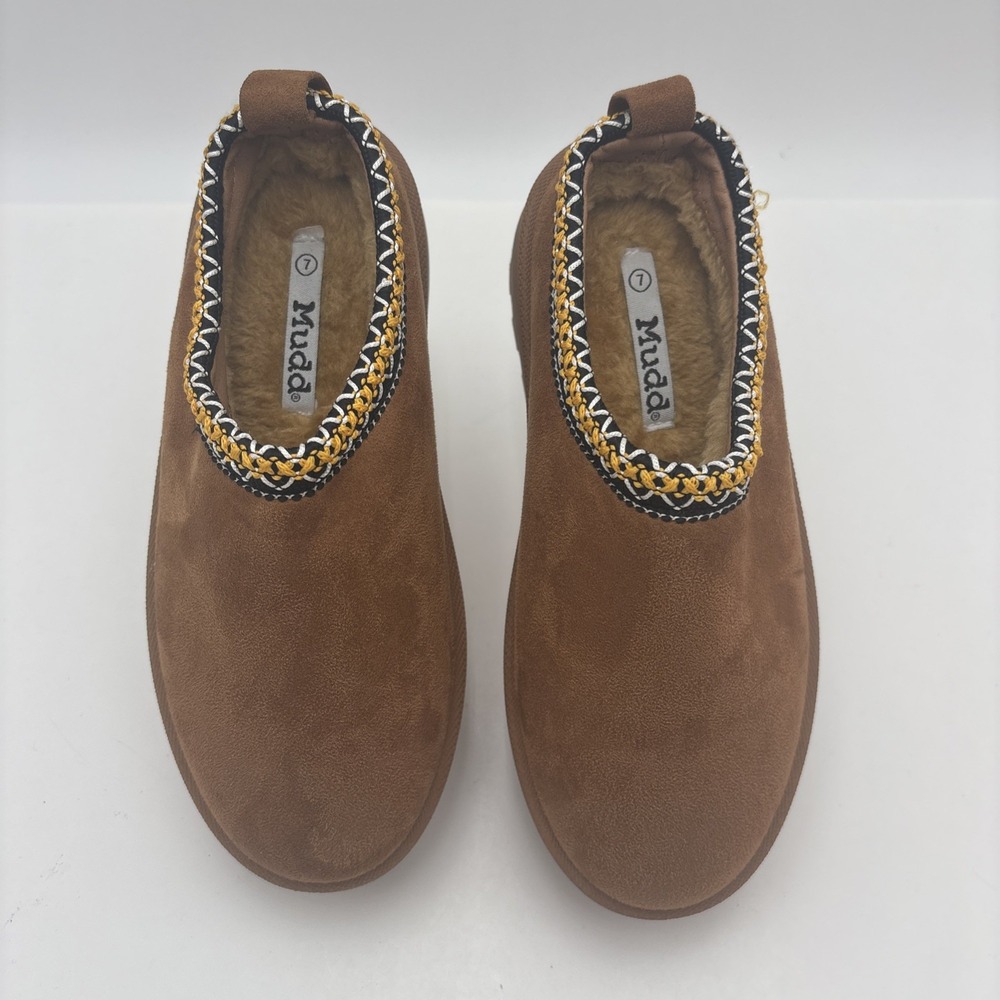 Mudd Womens Platform Slippers Tan Chestnut Faux Fur Lined Chunky Mules Size 7